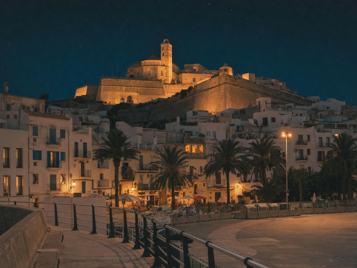 Dalt Vila at night, the fortress and cathedral lit above the old town.