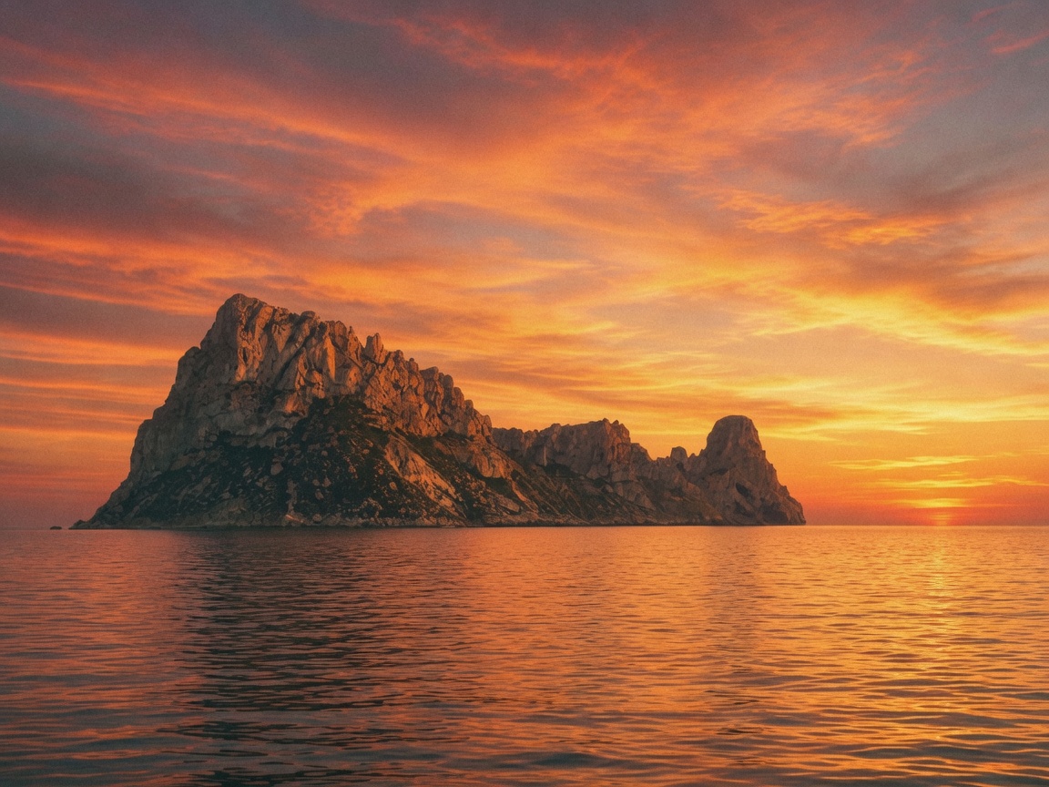 Es Vedrà rising from the sea at sunset.